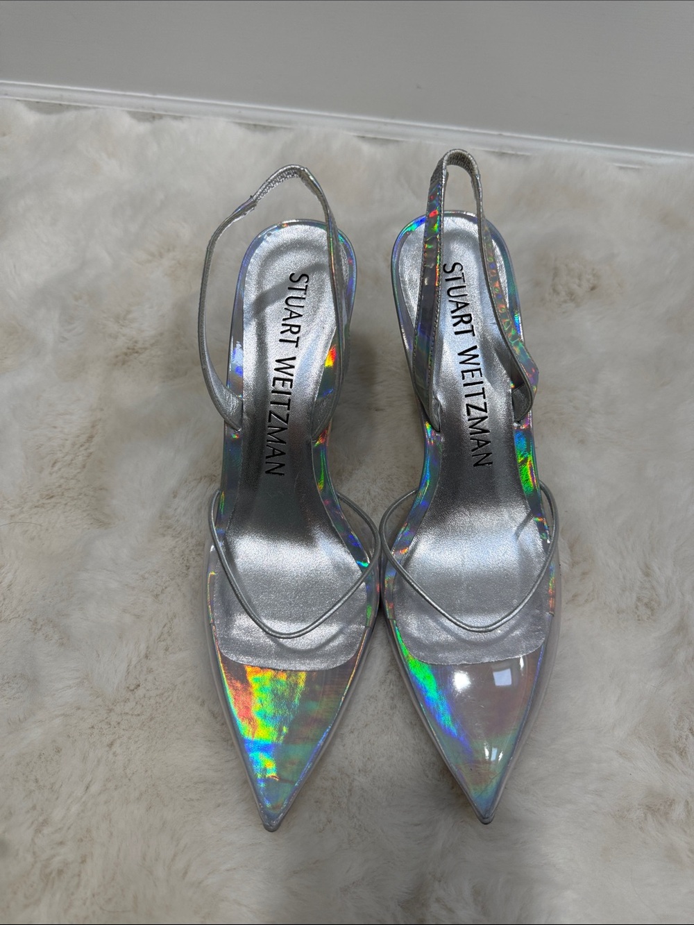 Stuart Weitzman Holographic Silver Pointed Slingback Heels